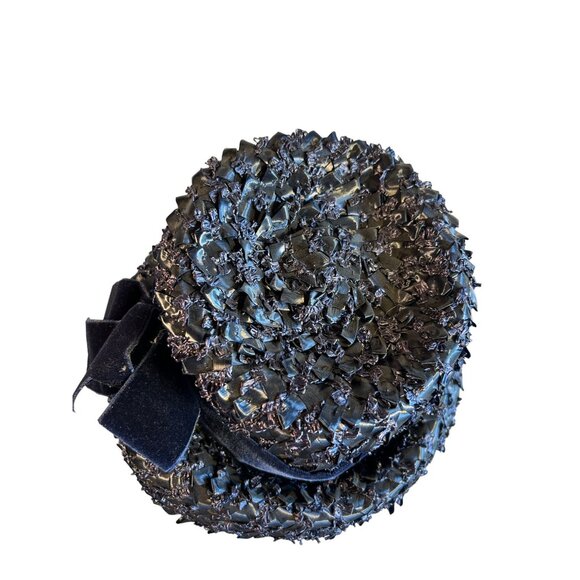 Vintage 60s Navy Blue Raffia Bucket Hat With Velvet Bow - Picture 6 of 7